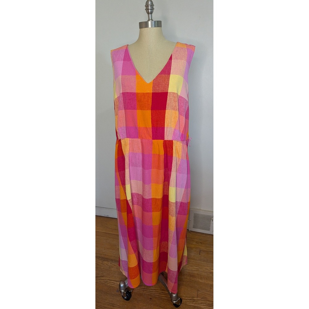 MMadras Plaid Linen Blend V-Neck Belted Midi Dress Euro Summer Dopamine Coastal